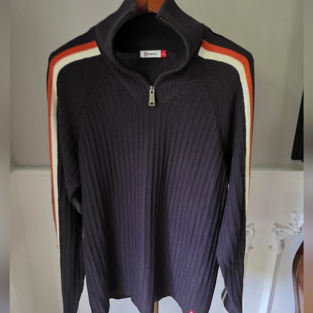 Men's Zip-Up Sweater with Orange and White Stripes